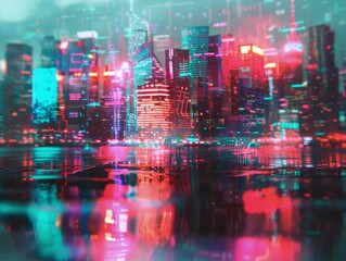 Fototapeta premium A digital painting of a cyberpunk city at night with skyscrapers, neon lights, and reflections in the water in blue and pink colors, in the style of concept art.