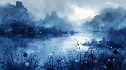 Serene river delta at sunrise in atmospheric blue tones, peaceful and tranquil landscape