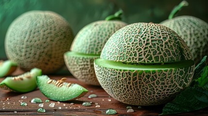   A group of melons sits atop a wooden table One whole melon and a sliced one are adjacent to each other