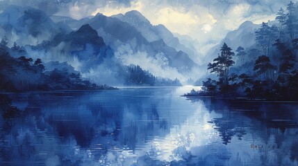 Tranquil blue mountain landscape with serene river and distant hills in a digital painting