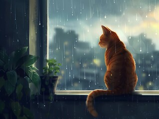 Feline Companion Watching the Tranquil Rain from Cozy Windowsill - obrazy, fototapety, plakaty