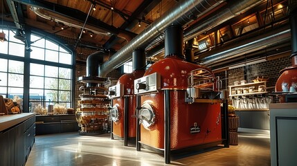 A large modern and stylish red industrial coffee roaster, vaulted ceiling, metal ventilation pipes. Generative AI. - Powered by Adobe