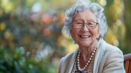 An old lady sitting outside with a pearl necklace and glasses and smiling with blur background