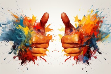 Dynamic thumbs up artwork with colorful paint splashes in abstract style
