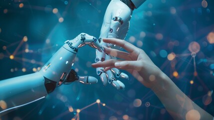 The connection between human and artificial intelligence is depicted through the hand of a human and a robot, symbolizing the exchange of data and information. This embodies the integration of machine