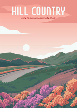 texas spring hill country roads vintage poster design, us national park poster