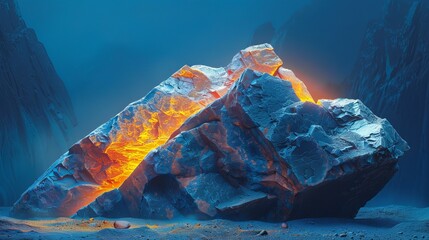 Mysterious glowing rock formation in a dark, moody landscape under a mystical azure sky - obrazy, fototapety, plakaty