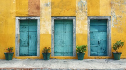   A yellow building with three blue doors and three potted plants flanking its sides