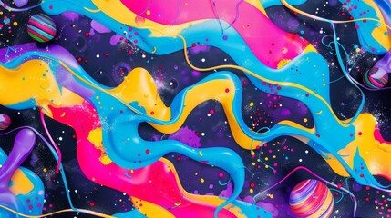 An explosive cosmic-inspired abstract painting with swirling colors and planetary shapes, conveying...