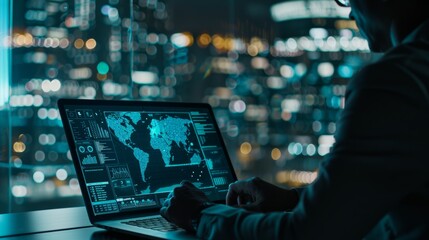 Professional at work, analyzing data, digital world map, business analytics, futuristic interface, night city backdrop