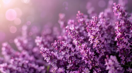   A close-up of several purplish flowers with a shallow depth of field, showcasing a distinct bokeh of light in the background The backdrop features a softly blurred - obrazy, fototapety, plakaty