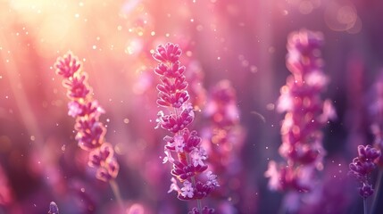   A tight shot of numerous flowers, water droplets glistening on their petals, sun casting radiant backdrop