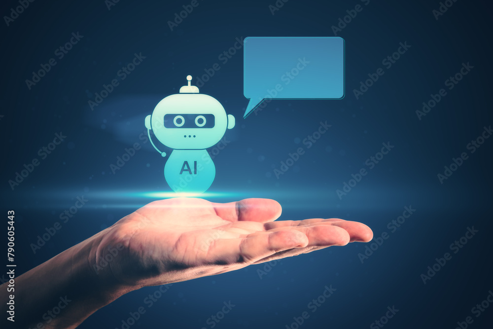 Poster close up of businessman hand holding creative ai robot hologram with speech bubble for your text on 