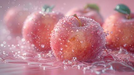   A red apple cluster sits atop a wet table with a pink cover, speckled by water droplets