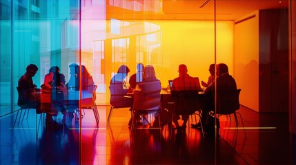 vibrant colors meeting interior office space reflecting on glass walls