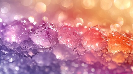   A collection of ice cubes aligned on a purple and pink tablecloth, dampened with water beads