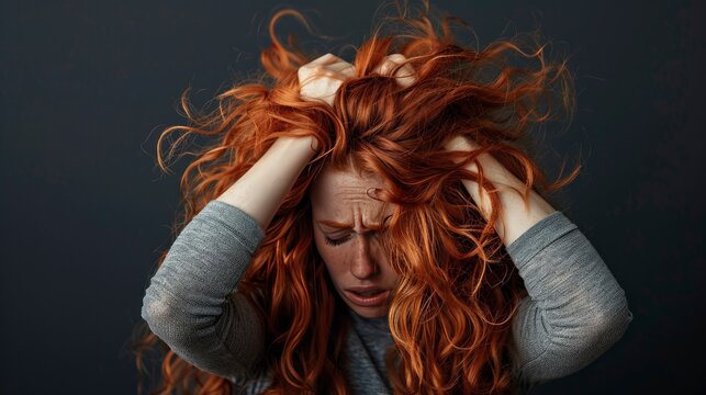 Ginger girl removing her hair, head in her hands, grey blouse against a black background, curly, untidy hair obscuring her face