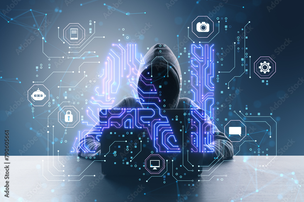 Poster Front view of hacker in hoodie using laptop at desk with glowing blue AI hologram on blurry background. Artificial intelligence, technology and innovation concept.