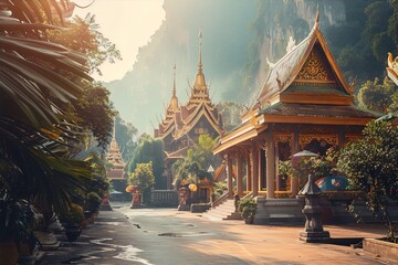 Buddhist temple with golden roofs and intricate architecture nestled in a lush green jungle with sunlight streaming through the trees. - obrazy, fototapety, plakaty
