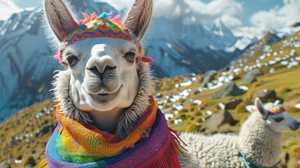 Naklejka premium Happy smiling alpaca on mountain, big eyes, alpaca is wearing colorful scarf. Generative AI.