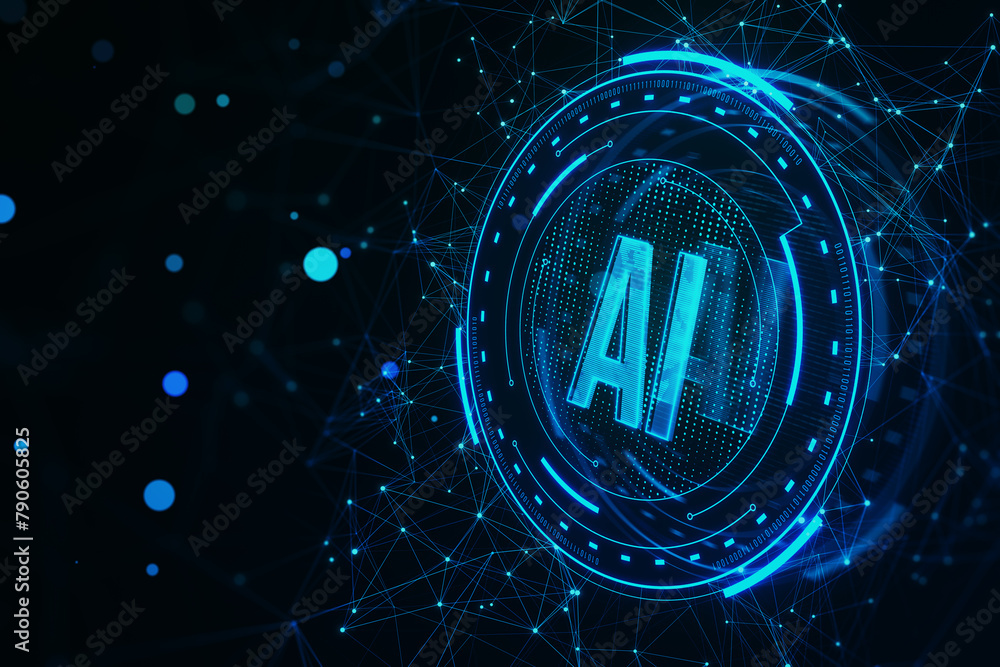 Poster creative glowing polygonal blue ai hologram on dark background. artificial intelligence, technology 