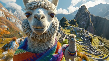 Fototapeta premium Happy smiling alpaca on mountain, big eyes, alpaca is wearing colorful scarf. Generative AI.