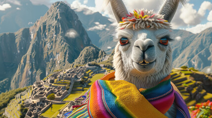 Naklejka premium Happy smiling alpaca on mountain, big eyes, alpaca is wearing colorful scarf. Generative AI.
