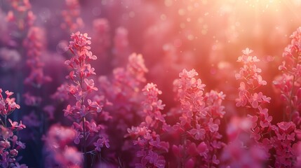  A field of pink flowers with sun rays filtering through blooms, background showcasing sun's glow