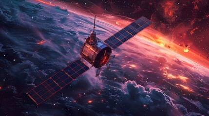Orbiting satellite with orange solar panels in a vibrant galaxy backdrop - obrazy, fototapety, plakaty