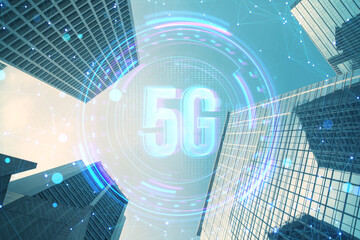 Creative glowing polygonal 5G hologram on blurry toned city backdrop. High-speed mobile Internet,...