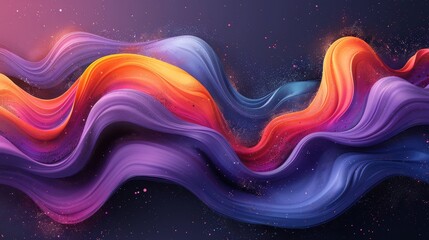   A dark backdrop bears undulating lines and stars in shades of purple, orange, pink, blue, and purple