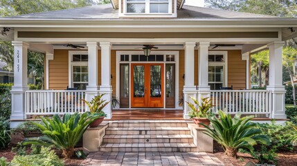 Obraz premium Front entry of classic style home,Beautiful front of a modern and elegant house in the Golden Triangle neighborhood in the city of Coral Gables, short grass, Exterior view of an open upscale wooden