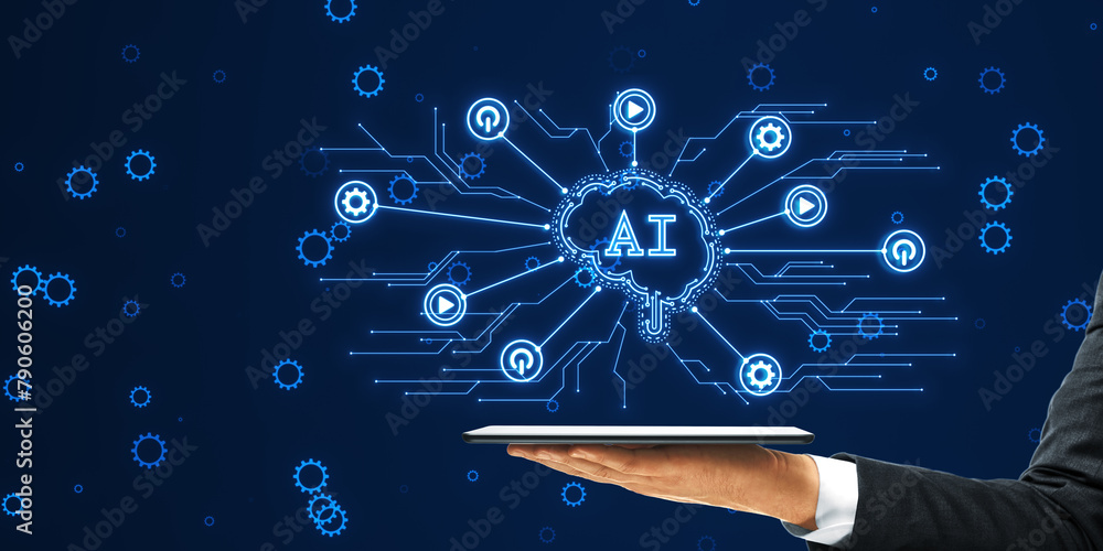 Aufkleber close up of businessman hand holding tablet with creative glowing ai brain hologram and circuit on d
