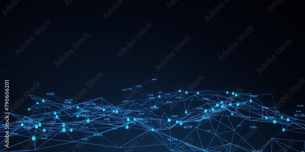 Aufkleber Creative polygonal mesh on blue background with mock up place. Big digital data concept. 3D Rendering.