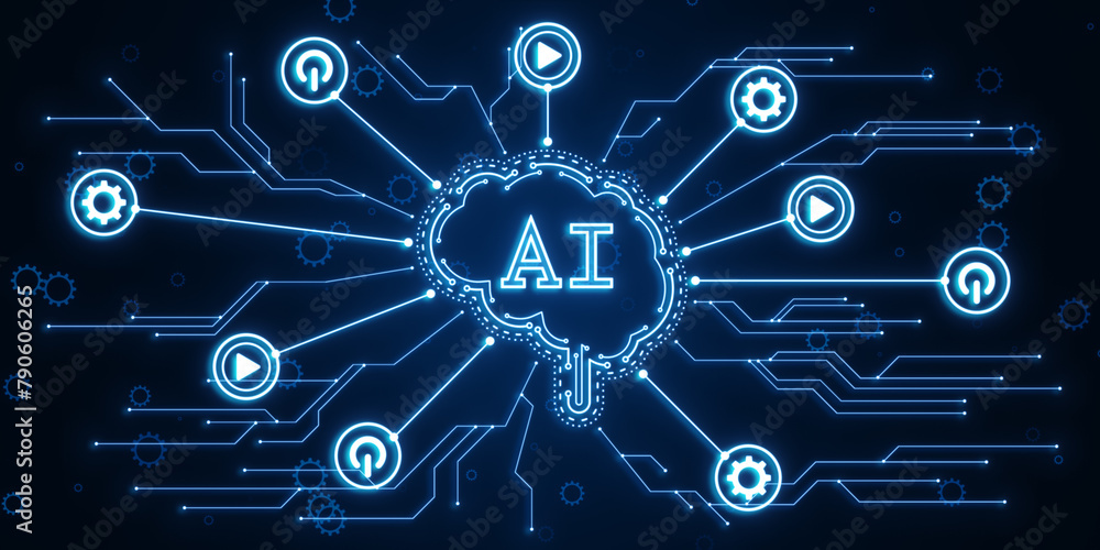 Poster Creative glowing AI brain hologram and circuit on dark background. Artificial intelligence and innovation concept. 3D Rendering.