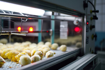 Newly hatched chicks in a high-tech incubator on a chicken farm. - obrazy, fototapety, plakaty