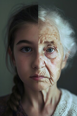 A female face split in two, one of a young girl, the other of an elderly 80-year-old woman. The same person aged and young.