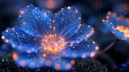   A tight shot of a blue bloom speckled with water droplets, backdrop comprised of an out-of-focus flower - obrazy, fototapety, plakaty