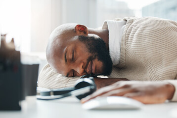 Sleeping, burnout and tired agent in call center overwhelmed by deadlines with fatigue in customer...