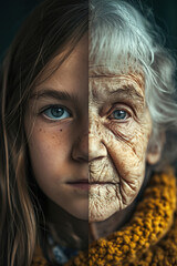 A female face split in two, one of a young girl, the other of an elderly 80-year-old woman. The same person aged and young.