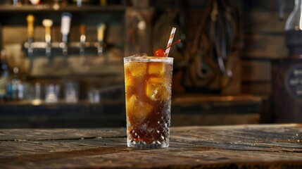 Imagine a rustic, dimly lit bar with vintage decor. The Bourbon & Root Beer cocktail sits on a...