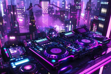 Visualize a high-tech DJ booth in a neon-lit cityscape, where music flows like electric currents, illuminating the scene with a fusion of traditional instruments and futuristic soundscapes