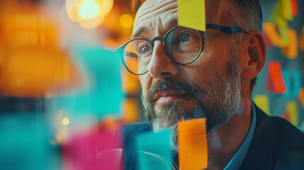 Mature businessman in glasses deeply contemplating a wall of colorful sticky notes, possibly strategizing or problem-solving.