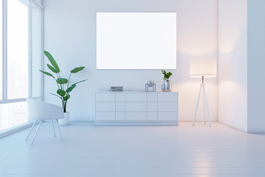 Modern interior setup with white dresser and poster frame, urban background. 3D Rendering