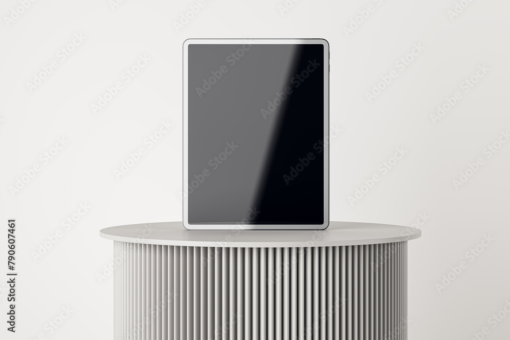 Poster Empty classic pedestal on light background with empty mock up banner. Product placement and ad concept. 3D Rendering.