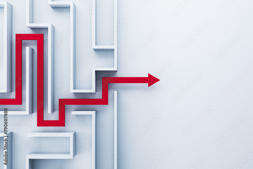 Poster Creative red arrow going through white maze with mock up place. Labyrinth and solution concept. 3D Rendering.