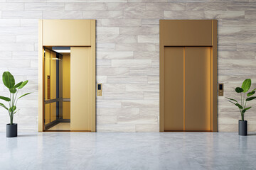 Corporate elevator doors closed in a lobby with wooden wall paneling. 3D Rendering © Who is Danny