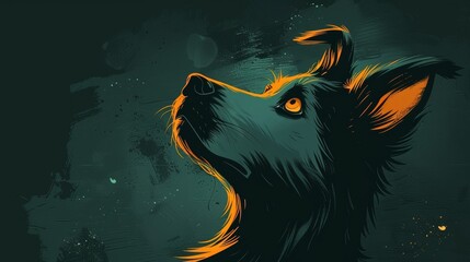 Vibrant cartoon illustration of an anthropomorphic dog looking upward with glowing eyes - obrazy, fototapety, plakaty