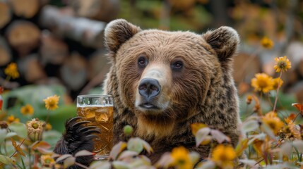   A tight shot of a bear holding a glass of beer, flowers adorning the backdrop