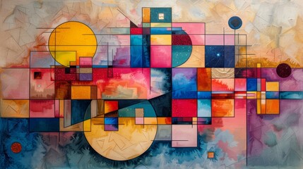   A painting featuring an expansive multicolored abstract backdrop, with a sizable clock positioned to the left and a smaller clock situated to the right - obrazy, fototapety, plakaty